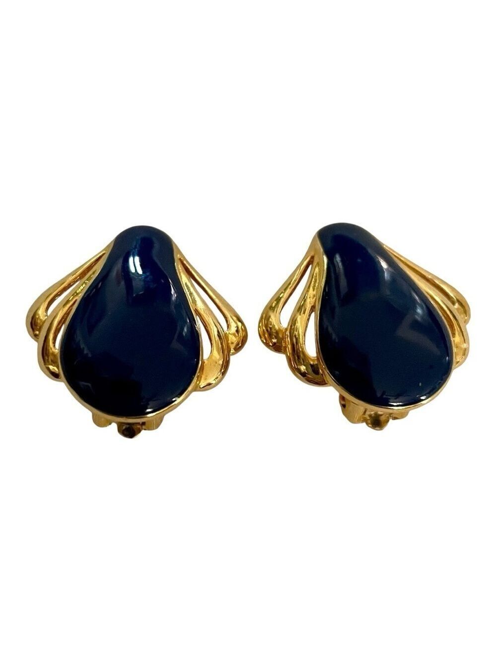 Designer Navy Teardrop Clip On Earrings Gold Tone Vintage Classic